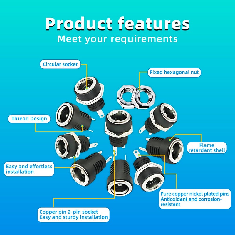 CenryKay 25PCS 5.5mmx2.1mm 2 Pins DC Power Jack Female Panel Mount Connector with Hex Washer - Image 3